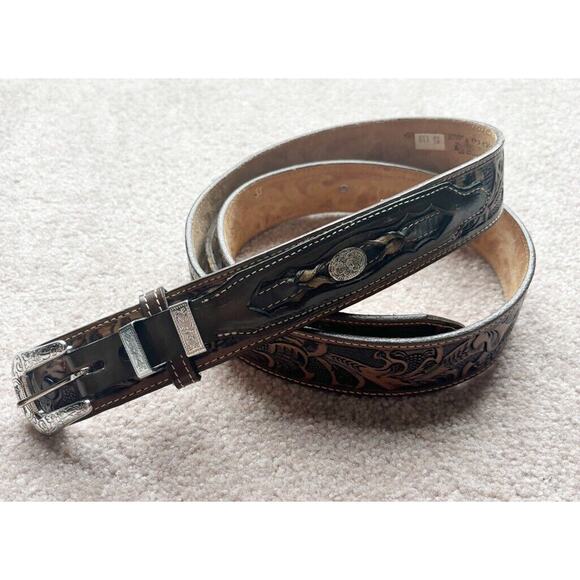 Nocona Belt Size 40 Western Tooled Brown Leather Metal Tip Texas USA